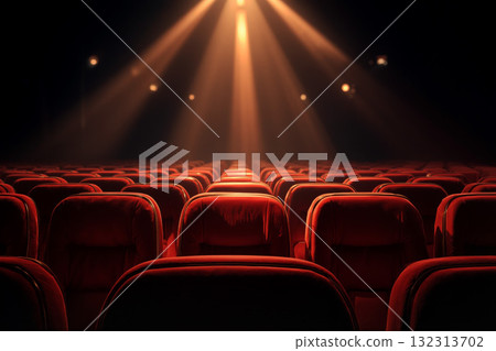 Rows of red velvet theater seats presenting a classic cinematic atmosphere for movie lovers 132313702