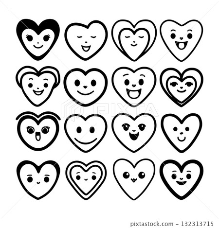 Collection of cute heart-shaped emojis showing various happy facial expressions in black and white design Collection of cute heart-shaped emojis showing various happy facial expressions in black and white design 132313715