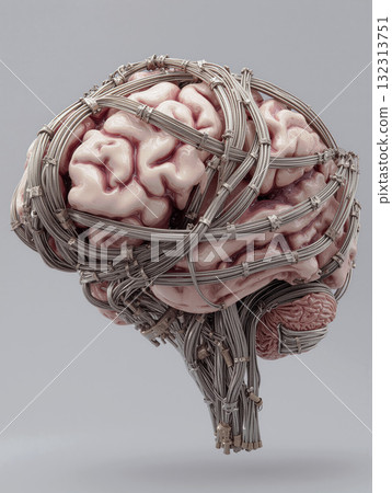 Human brain intertwined with wire cables represents the complexity of thought and technology in modern times Human brain intertwined with wire cables represents the complexity of thought and technology in modern times 132313751