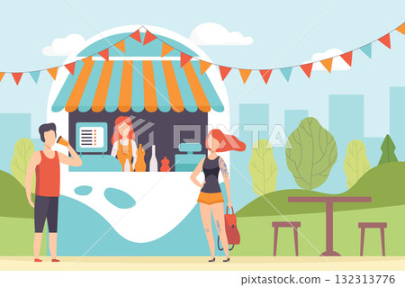 Man and Woman with Tattoo Walking in Park Stand at Stall Vector Illustration 132313776