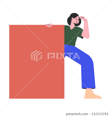 Woman Character Peeking Out Shape and Looking Vector Illustration 132313783