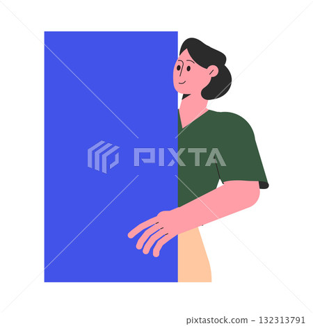 Woman Character Peeking Out Shape and Looking Vector Illustration 132313791