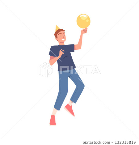 Man Character on Holiday with Balloon Celebrating Birthday Party Vector Illustration 132313819