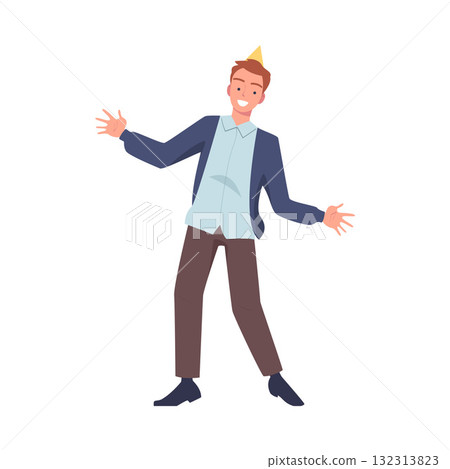 Man Character on Holiday in Hat Celebrating Birthday Party Vector Illustration Man Character on Holiday in Hat Celebrating Birthday Party Vector Illustration 132313823