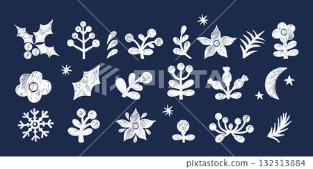 Crayon Flower set. White chalk hand-drawn botanical Floral elements on dark blue background. Isolated Folk Christmas poinsettia, holly and Berries, Branches. Textured vector Drawing doodles. Not AI Crayon Flower set. White chalk hand-drawn botanical Floral elements on dark blue background. Isolated Folk Christmas poinsettia, holly and Berries, Branches. Textured vector Drawing doodles. Not AI 132313884