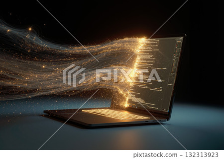 Laptop displaying source code creates a visual representation of data flow and technology interaction in a dark setting Laptop displaying source code creates a visual representation of data flow and technology interaction in a dark setting 132313923