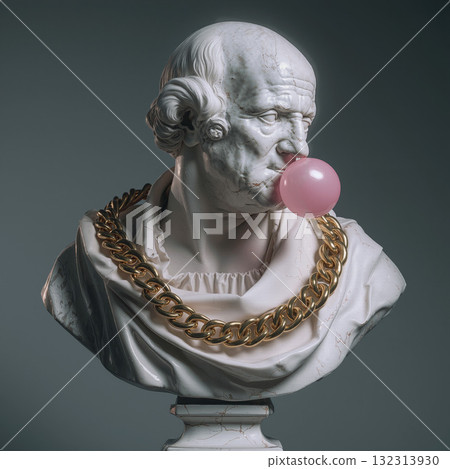 Marble bust adorned with a gold chain and pink bubble gum in a contemporary artistic display 132313930