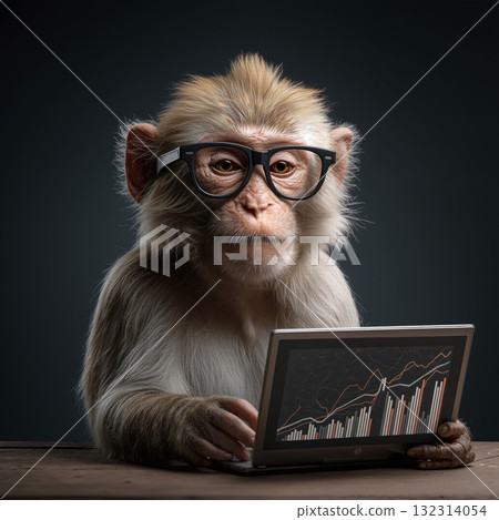 Monkey wearing glasses studies financial charts while sitting at a table indoors in a cozy environment Monkey wearing glasses studies financial charts while sitting at a table indoors in a cozy environment 132314054