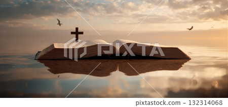 Open bible and wooden cross reflect in calm water at sunrise with birds flying in the sky 132314068