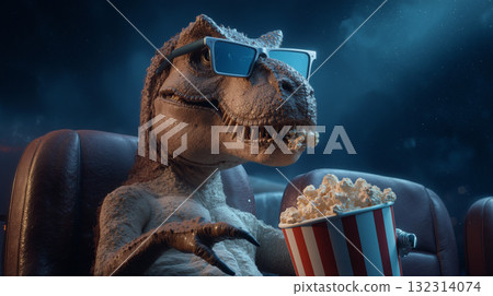 T rex dinosaur enjoys popcorn while watching a movie in a cinema seat 132314074