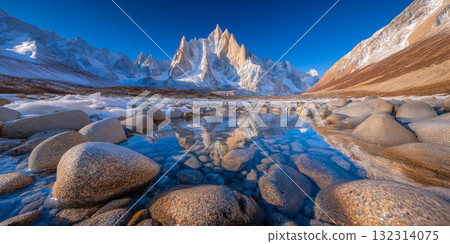 Mountain Landscape with Rocky Stream and Snow 132314075