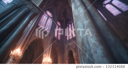 Interior of Gothic Cathedral with Stained Glass Windows 132314088