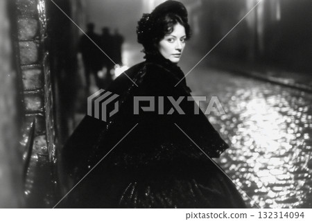 Victorian Woman on Cobblestone Street at Night Victorian Woman on Cobblestone Street at Night 132314094