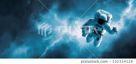 Astronaut floats through glowing space with ethereal light effects in a stunning cosmic scene Astronaut floats through glowing space with ethereal light effects in a stunning cosmic scene 132314128