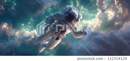 Astronaut floats through a vibrant cosmic glow in the vastness of space during a peaceful exploration 132314129