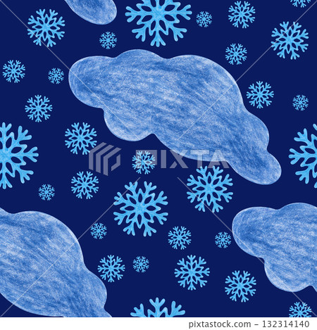 Seamless pattern with hand-drawn clouds and snowflakes on a blue background. Drawing with colored pencils. Seamless winter template in the form of a child's drawing for wallpaper, textiles, packaging. Seamless pattern with hand-drawn clouds and snowflakes on a blue background. Drawing with colored pencils. Seamless winter template in the form of a child's drawing for wallpaper, textiles, packaging. 132314140