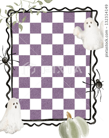 Watercolor Halloween frame with pumpkin, ghost, spider on a checker background. Seasonal border for card, banner, invitation, or postcard. Children's design for decoration. 132314149