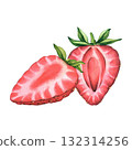 Halves of ripe and juicy strawberries. Watercolor illustration of Strawberries with cut in half. Isolated. Ripe sliced strawberries for tea, jam, cosmetics label. Halves of berries. Fresh Summer Fruit 132314256
