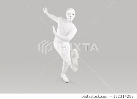 Portrait of man in white mask and bodysuit costume dancing on light grey background Portrait of man in white mask and bodysuit costume dancing on light grey background 132314292