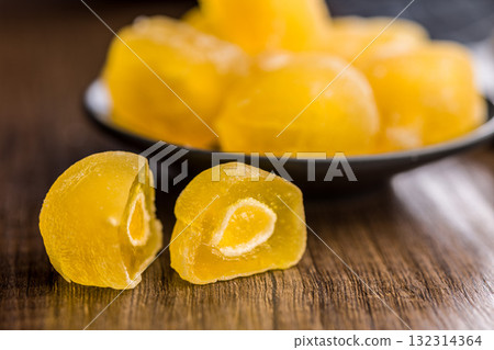 Japanese mochi dessert on wooden table. 132314364