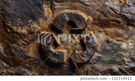 Rusted Metal Surface with Recessed Recycling Symbol and Oxidized Texture 132314412