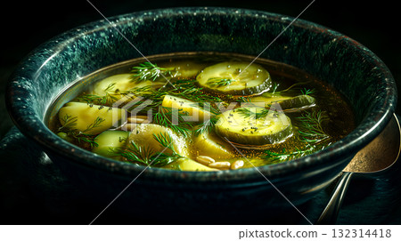 Cucumber Soup with Fresh Dill and Pine Nuts in Textured Bowl with Spoon 132314418