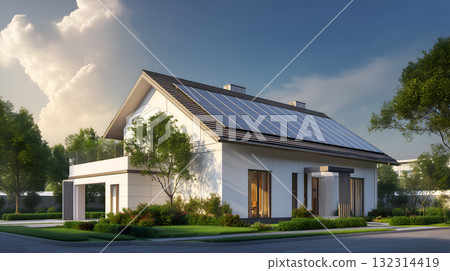 Modern House with Solar Panels, Large Windows, and Landscaped Yard at Sunset 132314419