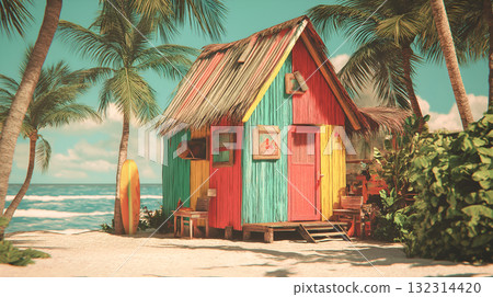 Colorful Beach Hut with Thatched Roof, Surfboard, and Palm Trees on Tropical Shore 132314420