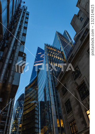 City of London skyscrapers at blue hour, modern glass towers and street view 132314625