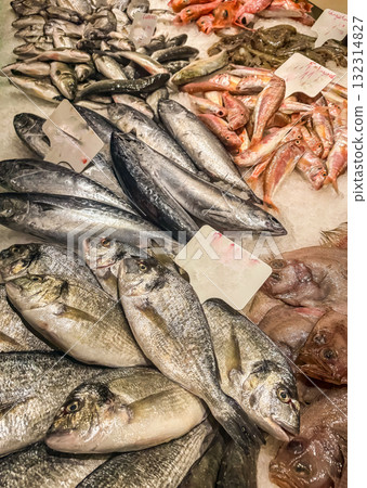 Fresh Fish Display on Ice at Seafood Market Variety of Species Fresh Fish Display on Ice at Seafood Market Variety of Species 132314827