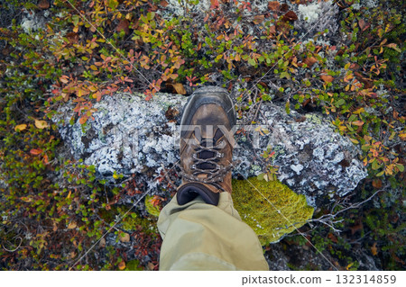 Hiking boot on a mossy rock, top view 132314859