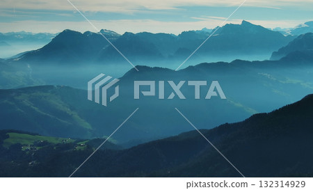 Aerial view of mountains under mist morning 132314929