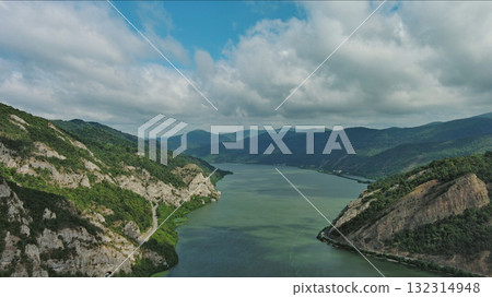 Aerial view on Danube river and mountains Aerial view on Danube river and mountains 132314948
