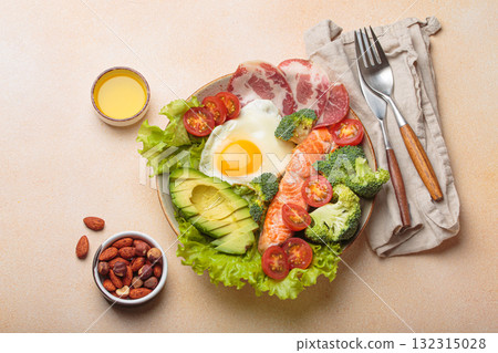 Balanced ketogenic diet meal with salmon, avocado, egg, bacon and vegetables on plate with cutlery top view on beige background Balanced ketogenic diet meal with salmon, avocado, egg, bacon and vegetables on plate with cutlery top view on beige background 132315028