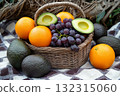 A cozy picnic setup features a wicker basket brimming with ripe grapes, vibrant oranges, and smooth avocados on a classic checkered blanket, creating a delightful outdoor experience 132315060
