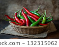 A woven basket overflows with fresh red and green chili peppers, set against a textured burlap cloth. The focus highlights the peppers' rich colors and natural sheen 132315062