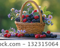 A beautifully arranged basket overflowing with ripe berries and colorful wildflowers rests on a picnic table, capturing the essence of a lovely outdoor gathering during sunset 132315064