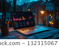 A data analyst's workspace glows with warmth, featuring a laptop displaying colorful dashboards. The evening atmosphere is tranquil, enhanced by soft lighting and a calming ambiance 132315067