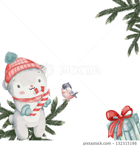 Watercolor Christmas card template with fir branches, gift with red bow, white bear in red hat, candy cane, and tit bird. Cute characters, childish style, space for text Watercolor Christmas card template with fir branches, gift with red bow, white bear in red hat, candy cane, and tit bird. Cute characters, childish style, space for text 132315198