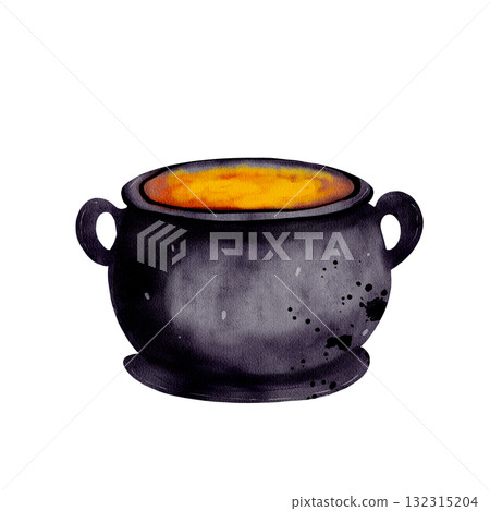 Watercolor illustration of a black witch cauldron with bubbling orange potion. Hand-painted Halloween element isolated on a white background, perfect for spooky and magical designs Watercolor illustration of a black witch cauldron with bubbling orange potion. Hand-painted Halloween element isolated on a white background, perfect for spooky and magical designs 132315204