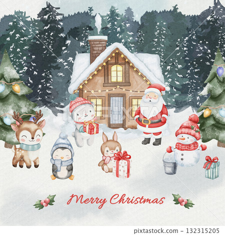 Watercolor Merry Christmas postcard with Santa Claus, penguin, reindeer, polar bear, bunny, and snowmen in snowy forest with decorated trees, garlands, and cozy wooden house 132315205