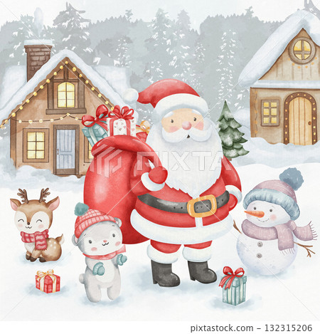 Watercolor Christmas card with Santa Claus holding gift bag, snowman, reindeer, and white bear. Cozy wooden houses and snowy forest in the background. Cute children illustration style 132315206