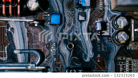 Ink flow. Digital hardware. Defocused orange blue colorful glitter water dark black electronic microchip on abstract art background. Ink flow. Digital hardware. Defocused orange blue colorful glitter water dark black electronic microchip on abstract art background. 132315263