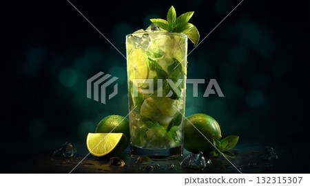 An iced mojito garnished with sprigs of mint in a tall glass An iced mojito garnished with sprigs of mint in a tall glass 132315307
