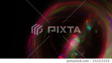 Blur shimmer texture. Neon optical bokeh. Pink purple green color radiant glimmer lens flare flash on abstract dark black art illuminated background. 132315319