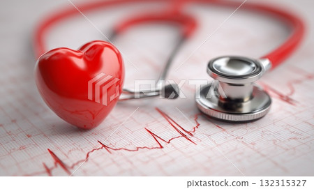 Stethoscope, heart model, and EKG strip on table Stethoscope, heart model, and EKG strip on table 132315327