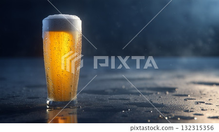 Cold glass of frosty beer on a wet dark surface, background with copy space, advertising concept 132315356