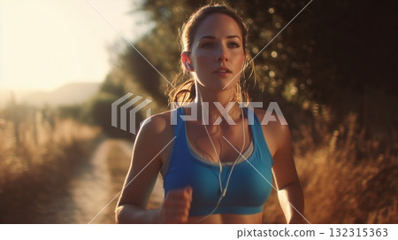A determined young woman runs outdoors at sunrise, listening to music on her earbuds 132315363