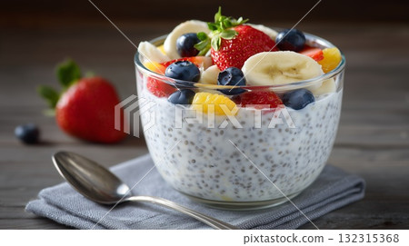 Chia seed pudding topped with fresh, colorful mixed fruits 132315368