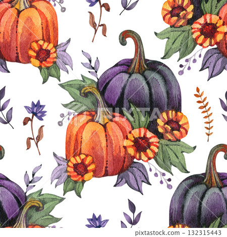 Seamless pattern with hand drawn watercolor pumpkins. Colorful autumn illustration for surface design, wallpapers, wrapping, seasonal and Halloween greetings 132315443